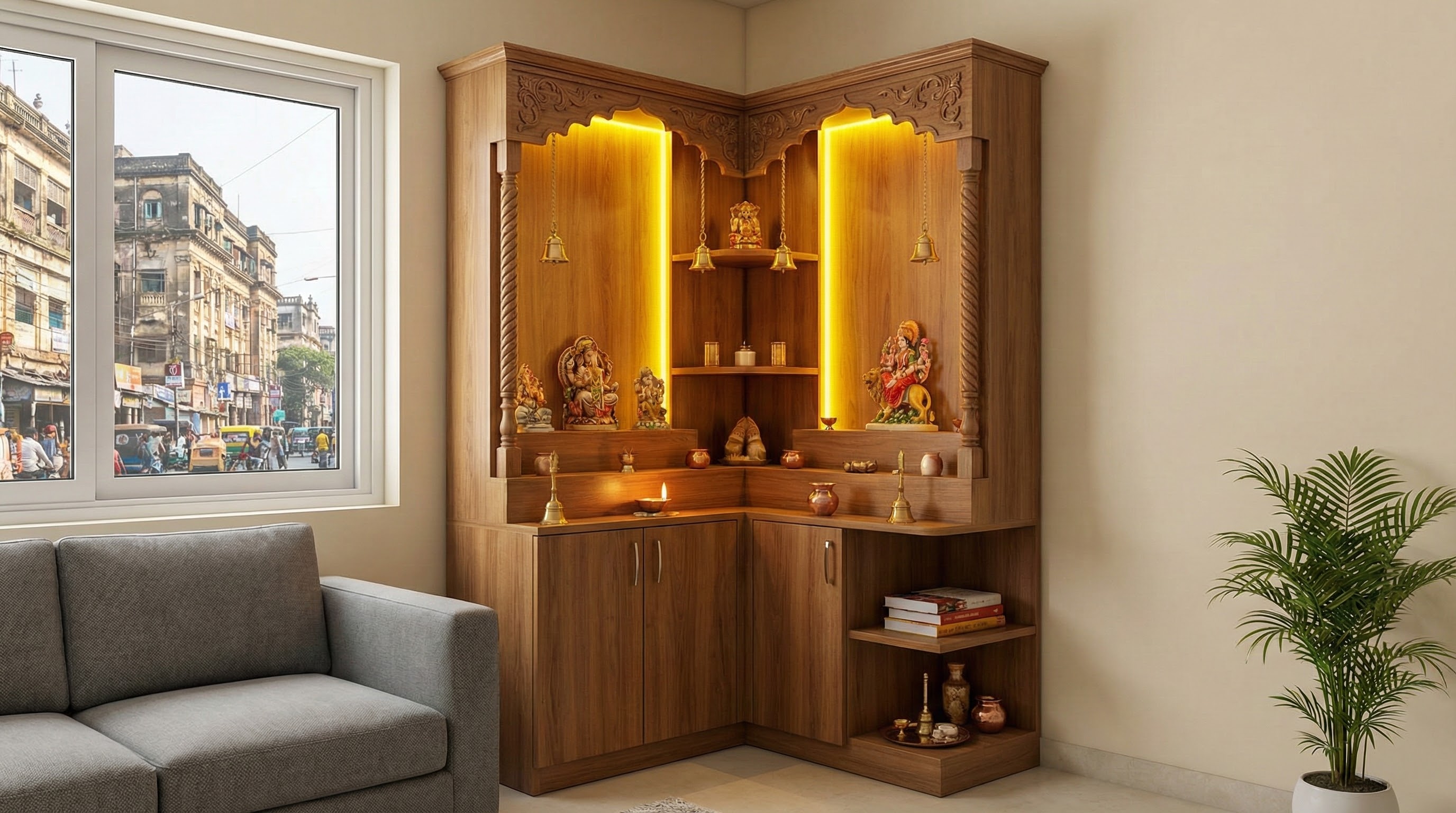 Corner puja room design for small apartments in Kolkata